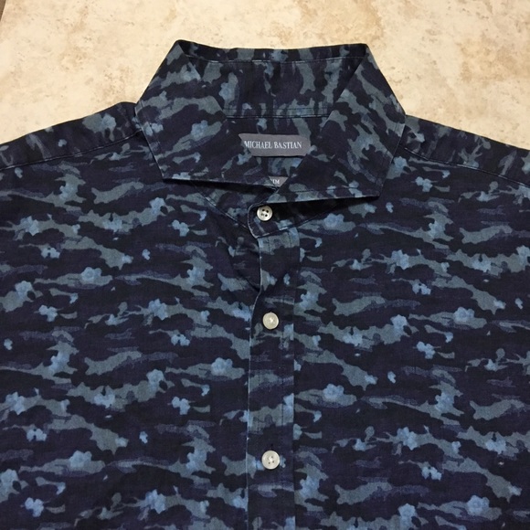 NEW Michael Bastian Blue Camo Button Front Trim Fit Mens Size XL - Picture 1 of 9